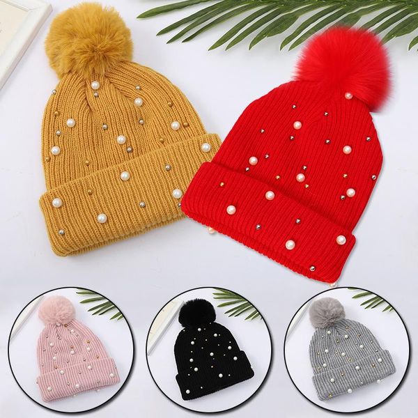 

beanies fashion elastic knitting hat women solid color plush pompom imitation pearls outdoor casual warm bonnet
