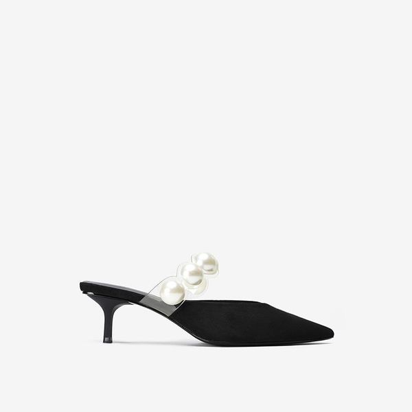 

summer women 's shoes decoration fine heel high pointed outdoor black faux pearl thin heels sandals