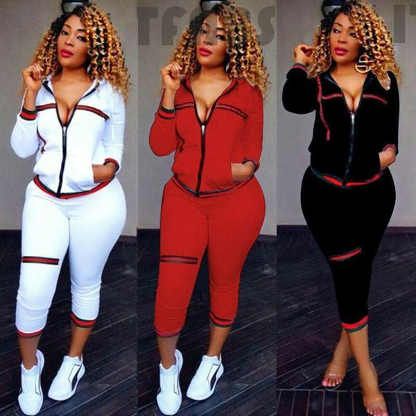 

2pcs autumn winter solid red women tracksuits striped zipper hip hop tracksuit hoodie pants set casual sportswear 3 colors, Gray