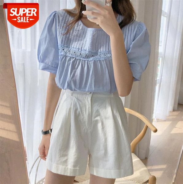 

[ou fan] 7282 niche design blouse women's clothing stitching lace trim short-sleeved shirt #jl0b, Black;gray