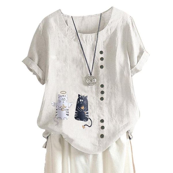 

white summer v neck fashion womens t shirts cats print o casual tshirts female leisure daily wearing tees with button