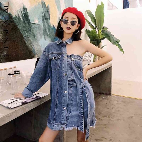 

off-the-shoulder single-sleeved denim jacket for women casual straps mid-length clothes fashion female wc196 210427, Tan;black