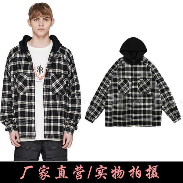 

new high street 20ss splicing black and white plaid flannel hooded jacket shirt coat yang men, Black;brown