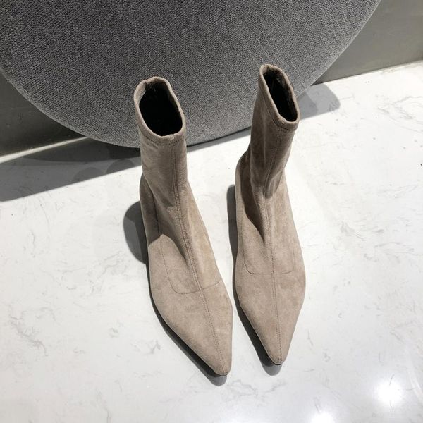 

boots autumn fashion women pointed toe yarn elastic ankle kid suede thick heel shoes female socks bota feminina, Black
