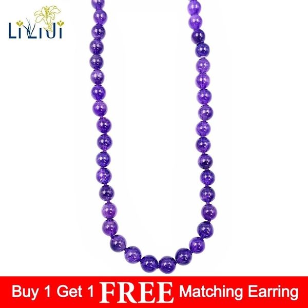 

liiji unique natural real amethysts 8mm round beads choker fashion necklace 45cm crystal zircon magnet clasp nice party gift chains, Silver