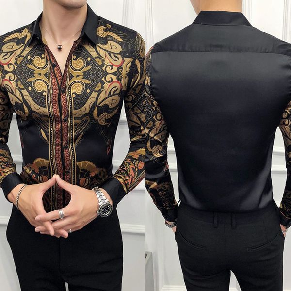 

2019 band spring autumn mens gold shirts luxury baroque shirts camisa slim fit black gold mens designer, White;black