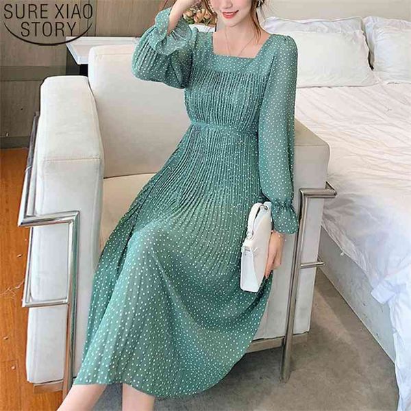 

autumn long sleeve dress women polka dot pleated chiffon dresses for elegant loose mid-calf party vestidos 12006 210506, Black;gray