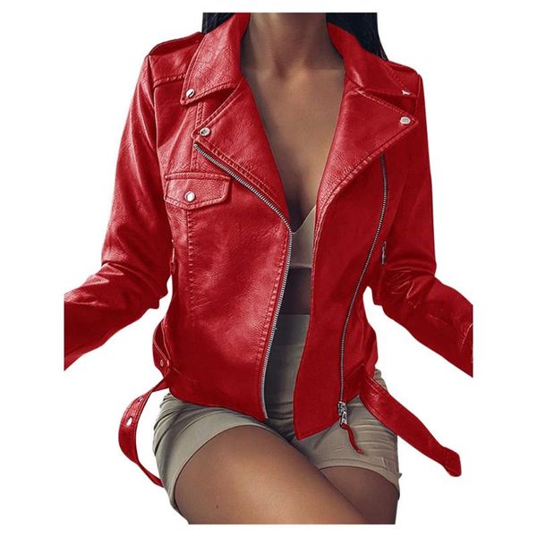 

women's leather & faux women cool jacket long sleeve zipper fitted coat autumn fashion motorcycle lady short oversized outerwear l5, Black