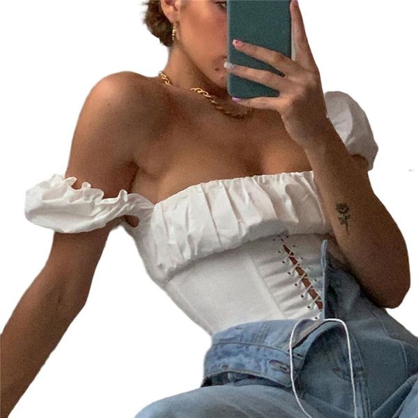 

women's tanks & camis cute women puff short sleeve off-shoulder bandage summer shirts solid color square collar corset white
