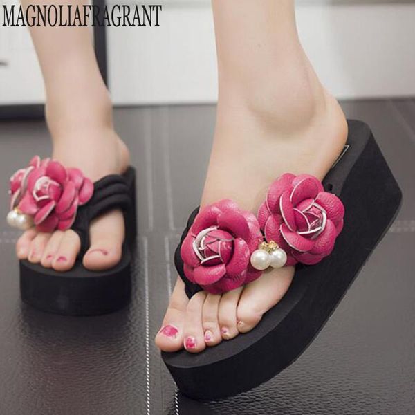 

women slippers summer handmade flowers flip flops non-slip beach shoes large size comfort sandals simple mm403, Black