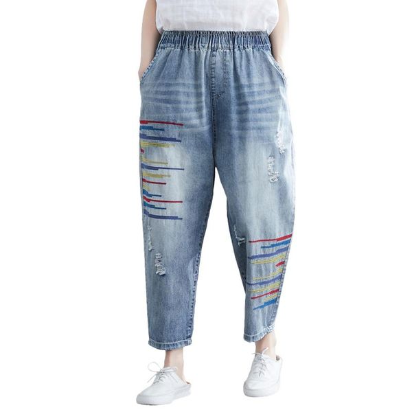 

women's jeans hole casual women spring summer elastic waist loose vintage denim harem pants large size clothing ah2, Blue