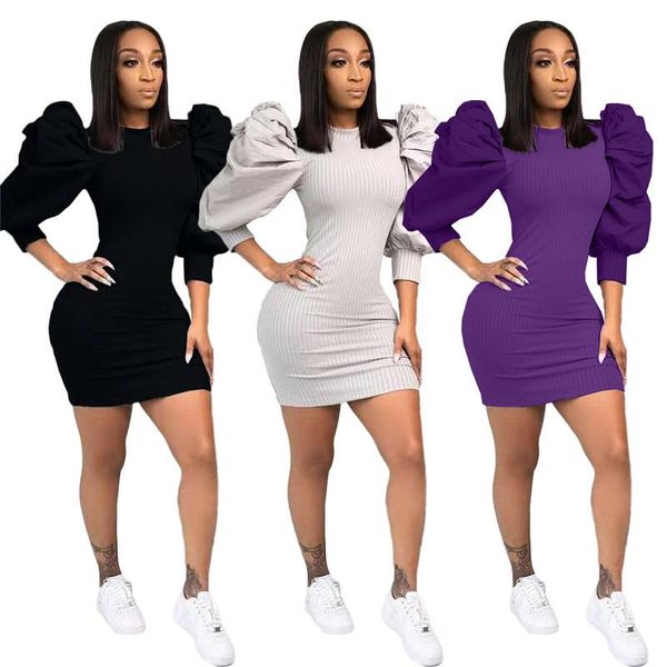

neck long sleeve simple pure color skinny mini dress tight club party lady fashion sheath casual dresses, Black;gray