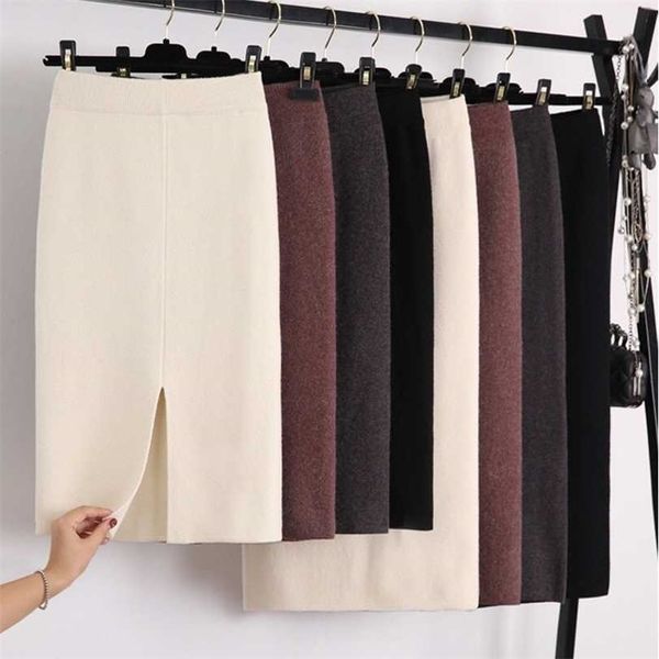 

winter thickening wool blend split mid knitted skirt cashmere warm hip slim mid-calf knit skirts 2 length 4 colors 211124, Black
