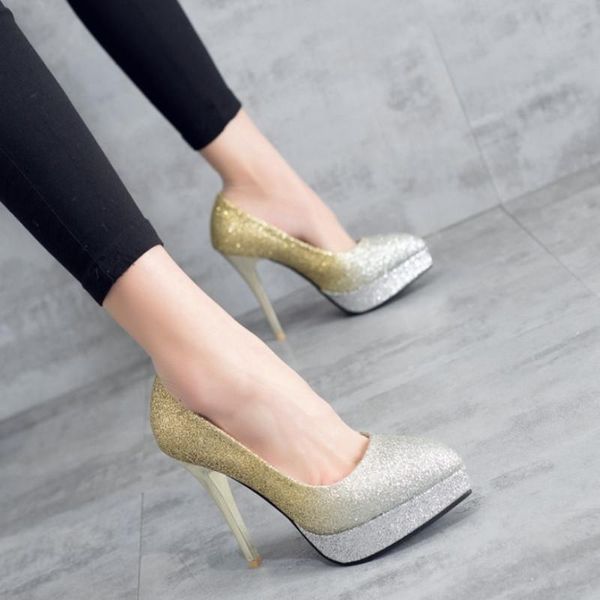 

dress shoes pointed toe glitter women high heels elegant platform pumps silver big size, Black