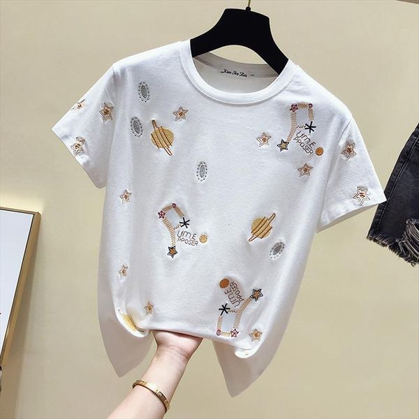 

korea white clothes summer womens t shirt short sleeve embroidery vintage female casual black tee