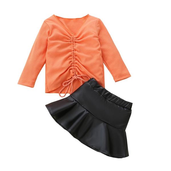 

clothing sets infant kids baby girls solid color clothes set, long sleeve v-neck drawstring +pu leather ruffle short skirt, White