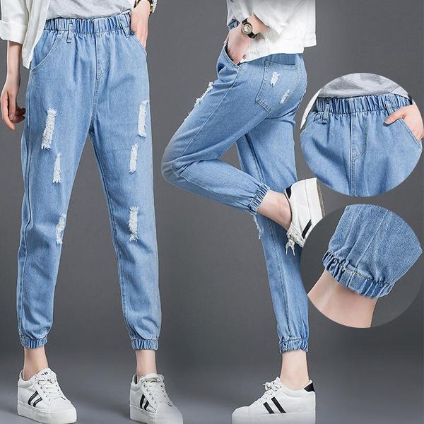 

women's jeans 2021 summer selling large size elastic nine points, Blue