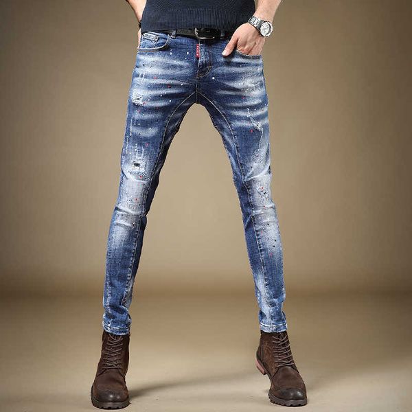 

men's jeans ripped fashion spot printed men's casual blue brim pants anguished denim fine fitting pencil 7o1z