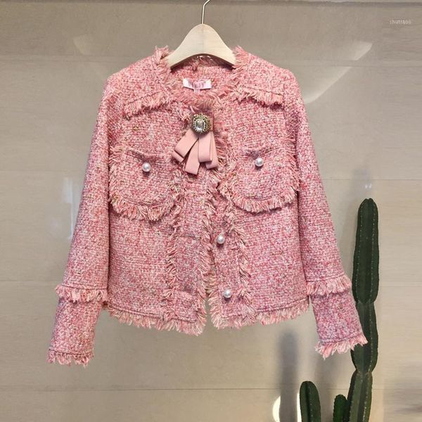 

women's wool & blends 2021 autumn winter women light luxury vintage tweed fringed small fragrance coat high end beaded jacket ladies ou, Black