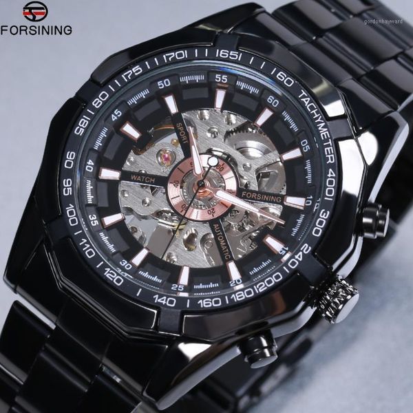 

forsining 2021 black stainless steel waterproof military sport casual mechanical wrist watch mens clock wristwatches, Slivery;brown