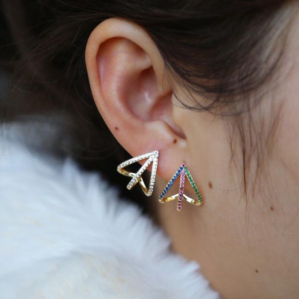

stud 2021 valentine's rainbow white cz paved hollow clasp shape earring gold color colorful jewelry for women wedding gift, Golden;silver