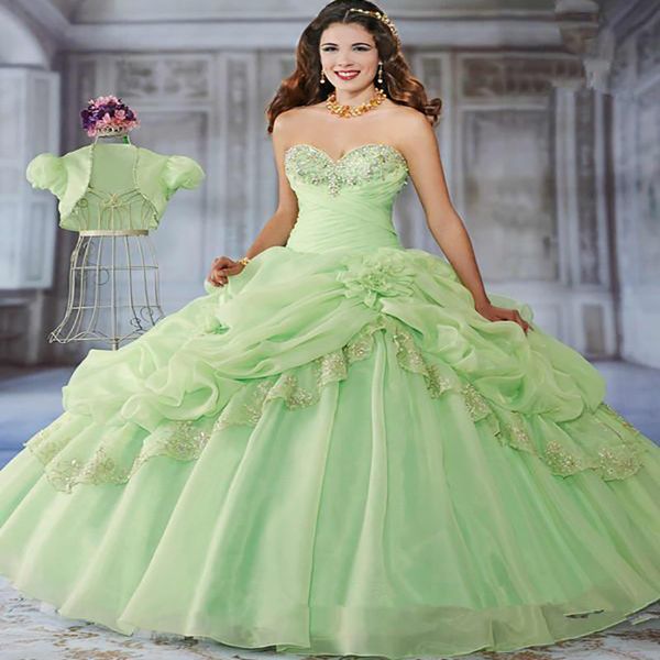Vestidos de Quinceanera Verde de Luxo com Jaqueta Floral Ball Vestido Fluffy Organza Ruffles Doce 15 Vestido Vestido Vestidos de Quinceañera 16 Años vestes Mariee
