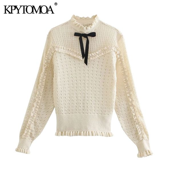 

women fashion with bow ruffled trims knitted sweater o neck long sleeve female pullovers chic 210420, White;black