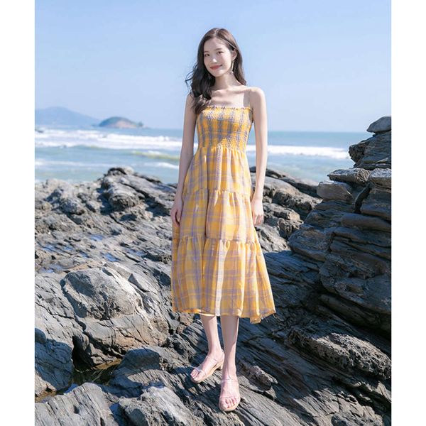 

casual dresses dress women clothes summer korean mini fresh slim student mid long plaid suspender ch fhu0, Black;gray