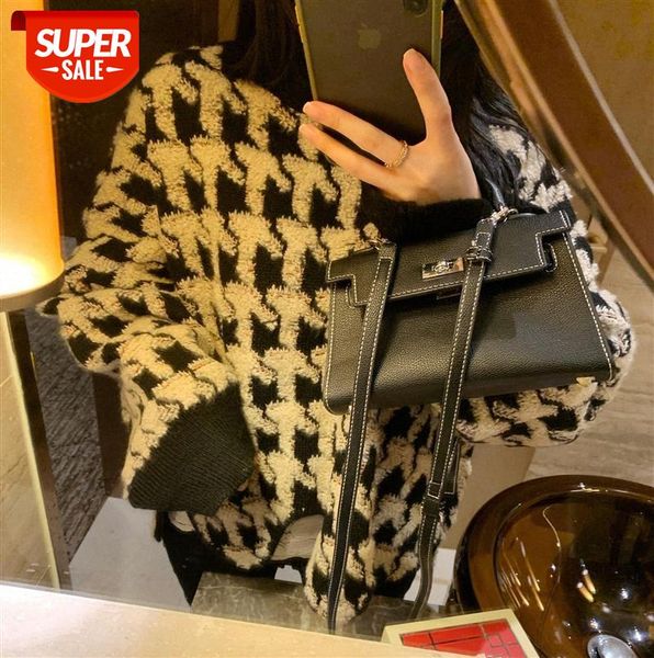 

houndstooth sweater ~ pullover, lazy style, irregular hem #zw4x, Black