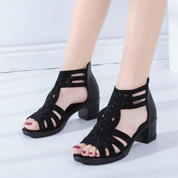 

woman shoes fashion lady rough with open toe fish mouth sandals retro wild heel dames schoenen zomer chaussures femme ete 2021, Black