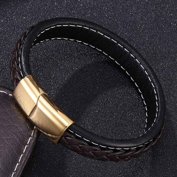 

charm bracelets punk leather bracelet men gold stainless steel magnetic clasp bangles fashion gift bb0212, Golden;silver