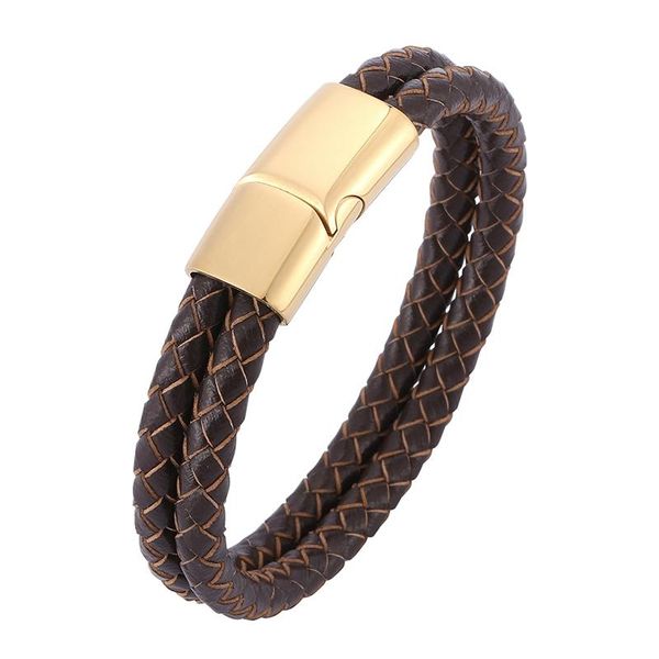 

charm bracelets punk brown double braided leather rope bracelet vintage men jewelry stainless steel magnetic clasp male wristband gifts pd05, Golden;silver
