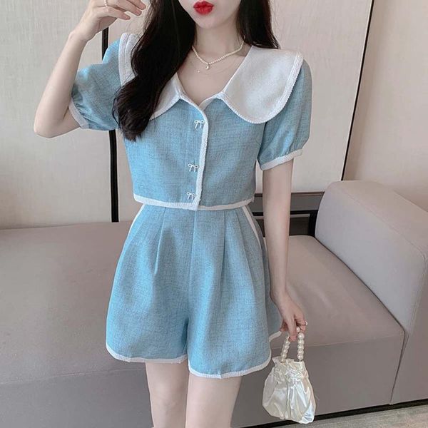 

women's tracksuits ladies suits summer sweet doll collar contrasting + high waist wide leg shorts two-piece sets, Gray