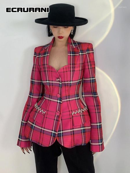 

women's suits & blazers ecrurani colorblock plaid for women notched long sleeve slimming casual coats females 2021 autumn fashion cloth, White;black