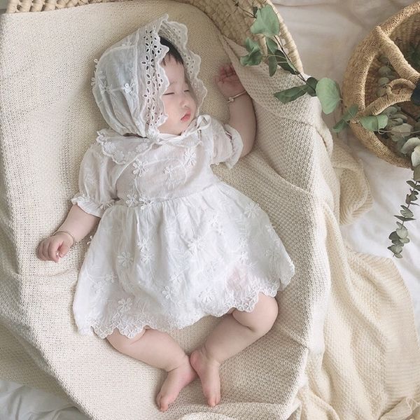 0-3yrs bebek giysileri tulum yaz doğan grils pamuk dantel romper kap ile 2 adet set bebek kız genel beyaz 210429