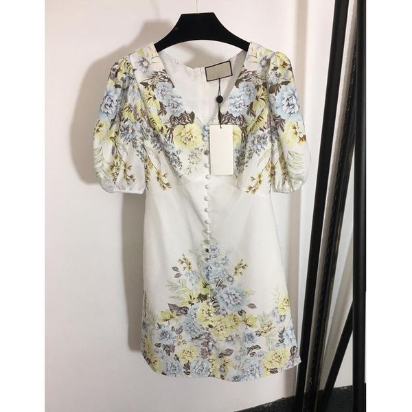 

casual dresses 7.24 vintage floral print v-neck dress women's fashion puff sleeve single-breasted mini vacation designer summer, Black;gray