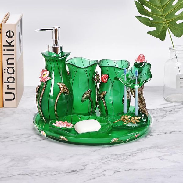 

lotus green bathroom accessories set-cleaning brush-soap dish- ashtray-home decor-make up box-tissue case- mirror bath accessory set