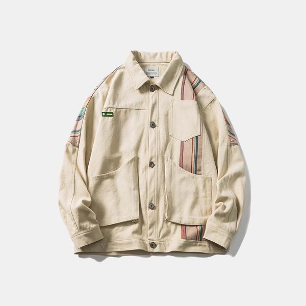 

men's jackets high street multi-pockets lapel patchwork casual men and women retro oversize windbreaker loose autumn coat, Black;brown
