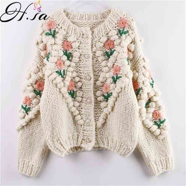 H.SA Mulheres Winter Sweater Handmade e Cardigans Bordado Floral Hollow Out Chic Knit Jacket Pearl Beading 210914