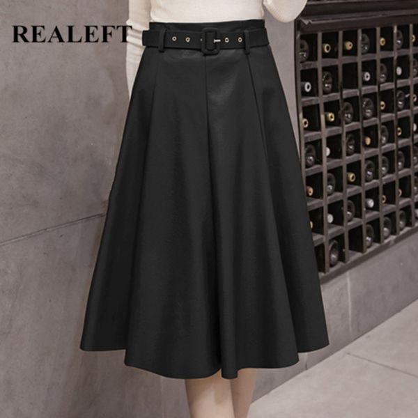 

autumn winter pu faux leather midi skirts with belt high waist women a-line skirt chic umbrella female 210428, Black