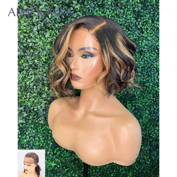 

highlight wig human hair wavy bob wigs lace front pre plucked 1b 27 blonde colored ombre 130 remy1, Black;brown