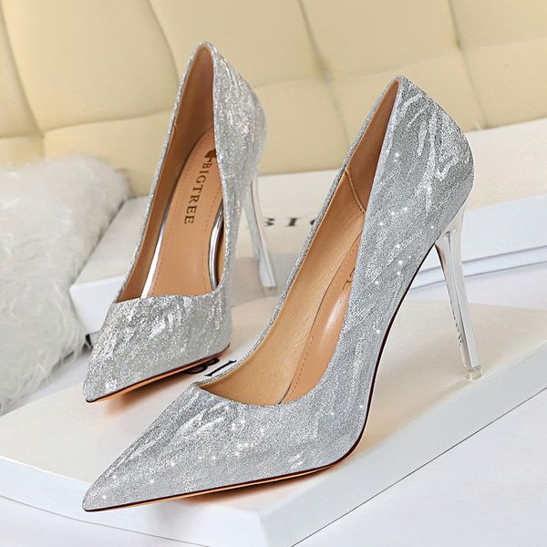 

464748 size 1829-european and american high heels womens shoes stiletto heel shallow mouth pointed sequins slimming nightclub shoes wed, Black