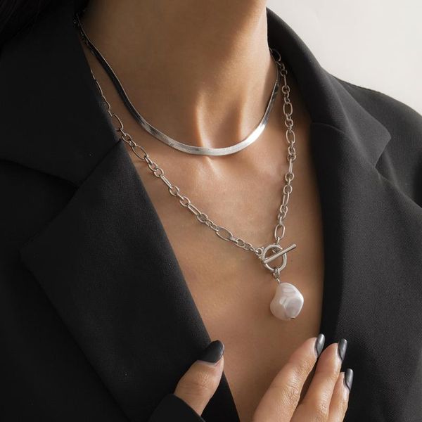 

pendant necklaces double layers chain with pearl necklace for women trendy choker 2021 fashion wedding jewelry gifts, Silver