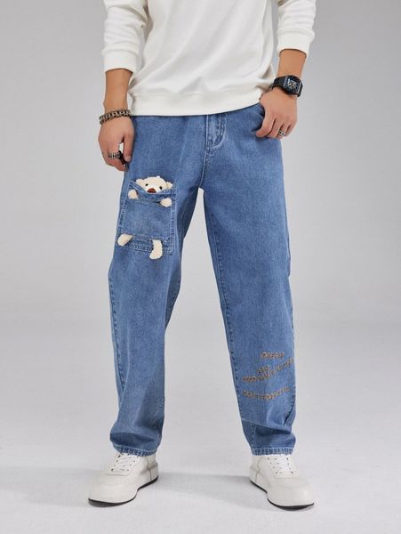 

men cartoon bear decor letter embroidery zip fly jeans s7ds#, Blue