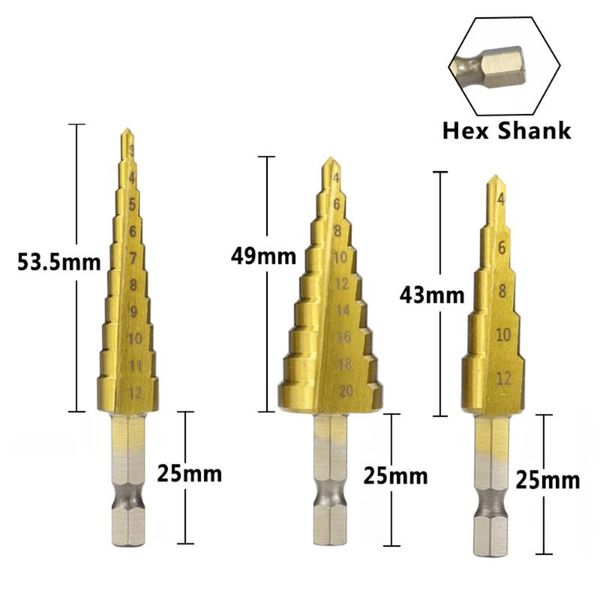 

3pcs 3-12mm 4-12mm 4-20mm hss straight groove step drill bit set titanium coated wood metal hole cutter core professional bits