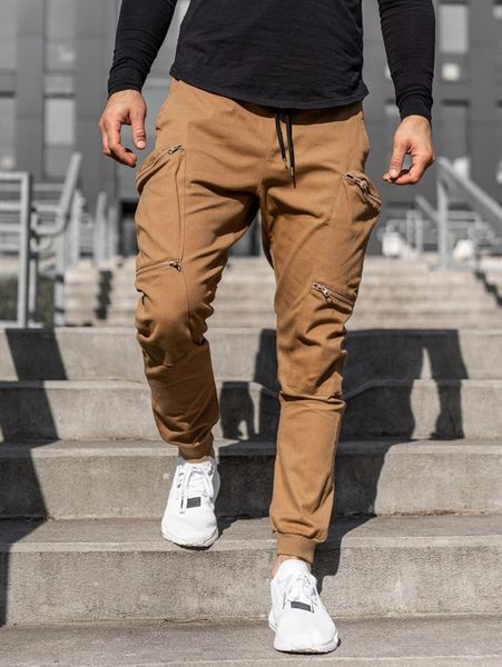 

men zip pocket drawstring waist cargo pants p96a#, Black