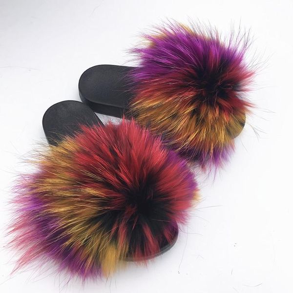 

slippers 2021 big full fur real hair slides beach holiday for women, Black