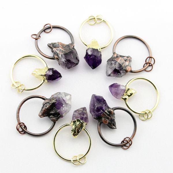 

natural amethyst prototype retro aura pendant irregular crystal bronze golden circular ring ethnic style necklace jewelry reiki healing quar, Silver