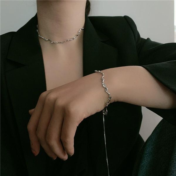 

european and american ins style simple design necklace short metal diamond geometric wave clavicle chain bracelet chains, Silver