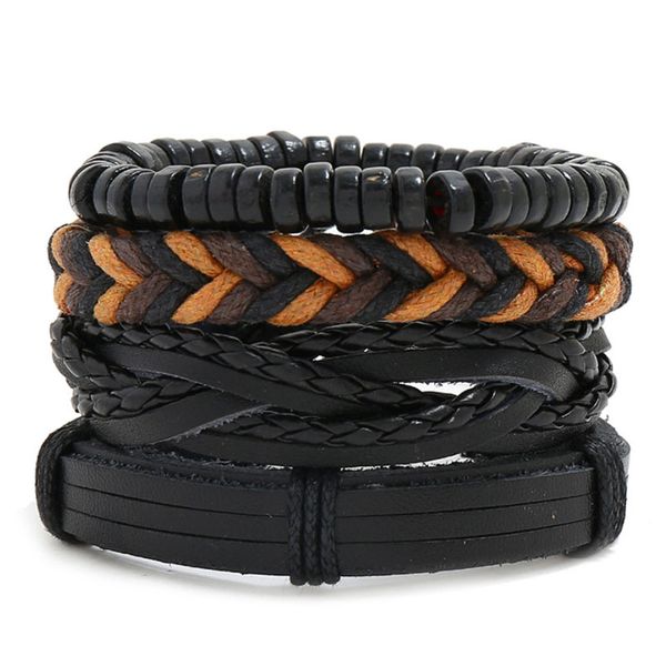 

handmade braided rope leather multilayer wooden beads charm bracelets set adjustable mens punk bangle party club jewelry, Golden;silver